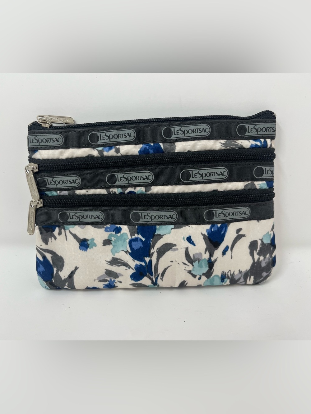 LESPORTSAC 3-Zip Cosmetic Bag Pouch Grace Floral Blue White NWT